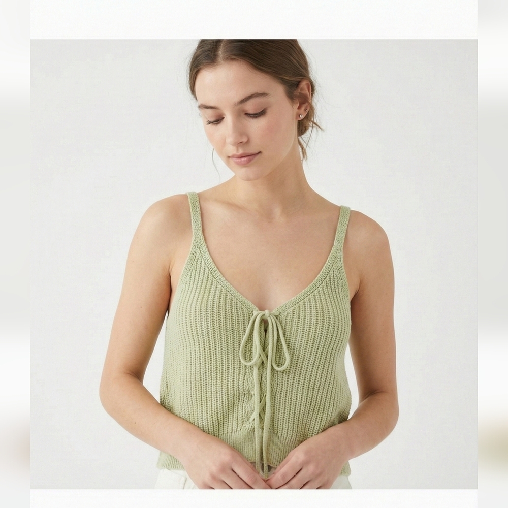 Green Knit Tank Y2K Retro Hippie Lace Up Festival Coachella Rave Club Summer L